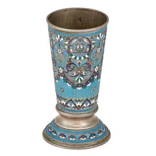 Appraisal: RUSSIAN ENAMELED SILVER BEAKER Footed cylindrical beaker with cloisonne decoration