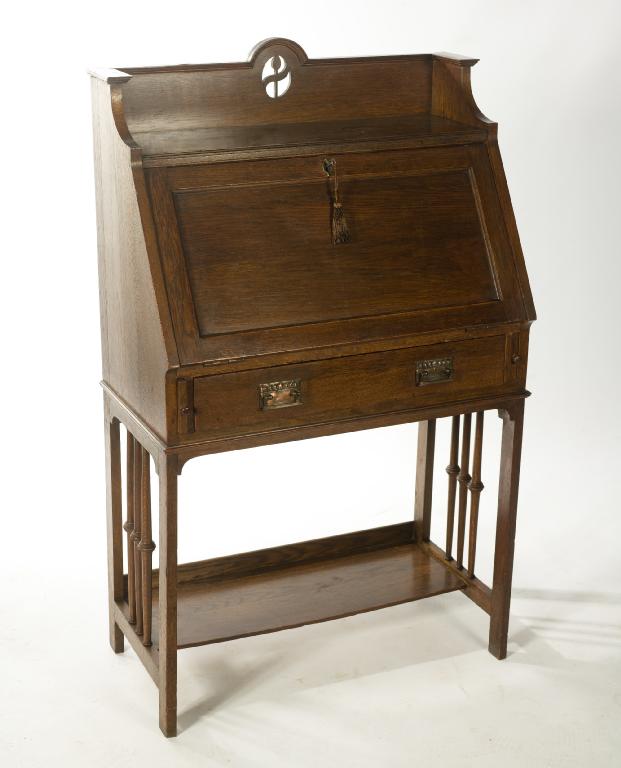 Appraisal: ART NOUVEAU OAK BUREAU c the gallery with pierced stylised