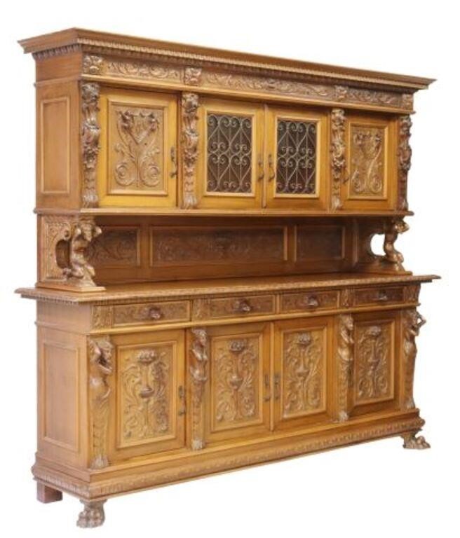 Appraisal: Italian Renaissance style walnut sideboard th c molded cornice four