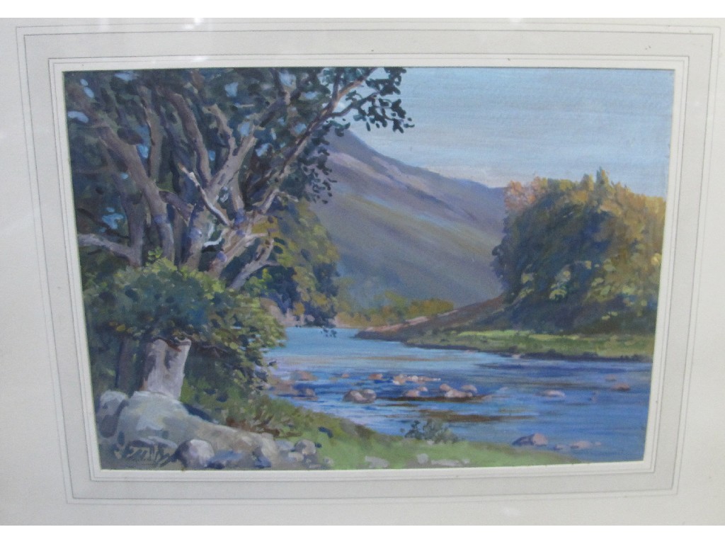 Appraisal: H FRANK WALLACE Gouache 'Evening Light River Helmsdale' signed recto