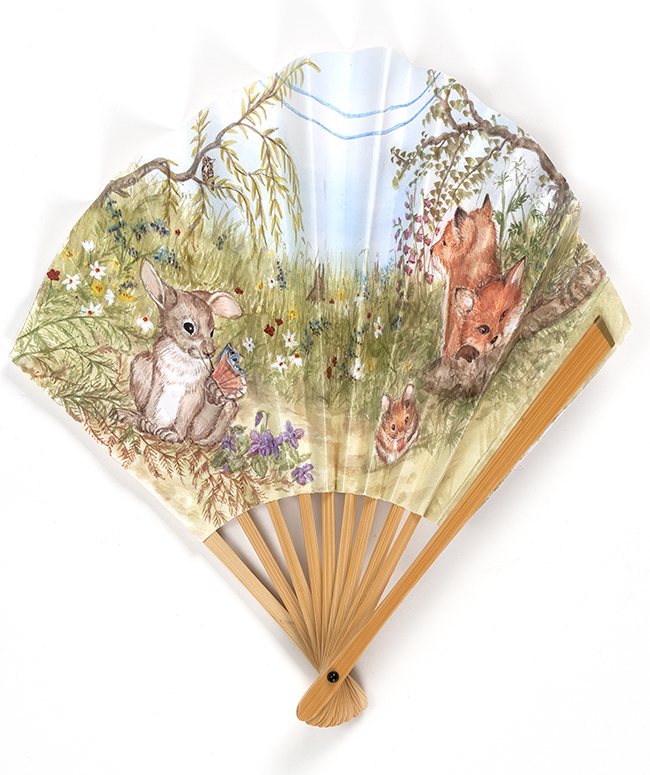 Appraisal: JUDITH ELLIOTT'S PAPER AND WOOD FONTAGE FOLDING FAN An adorable