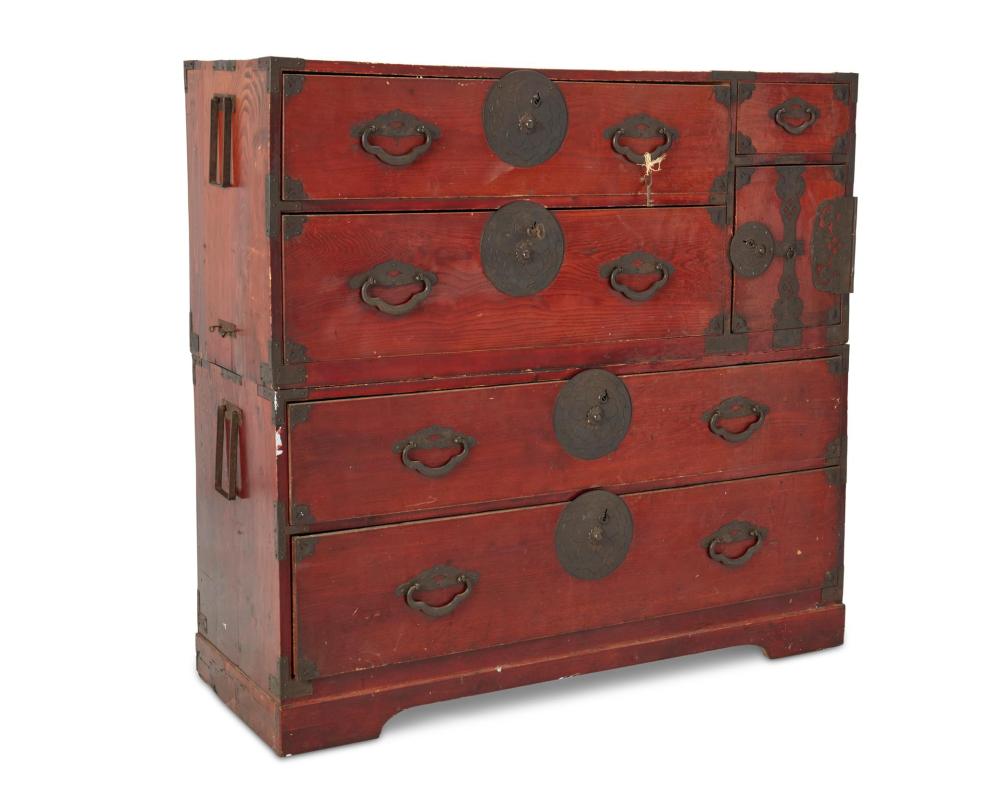 Appraisal: A Japanese stacked tansu chest th century The two stacked