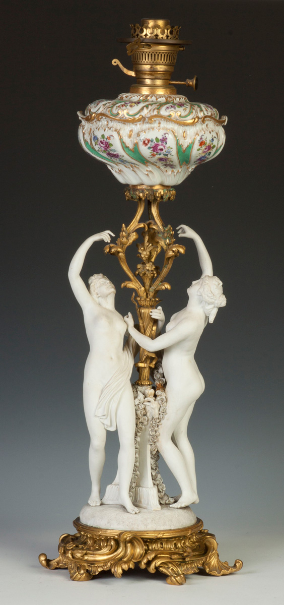 Appraisal: French Porcelain Gilt Bronze Oil Lamp with Classical Figures Hand