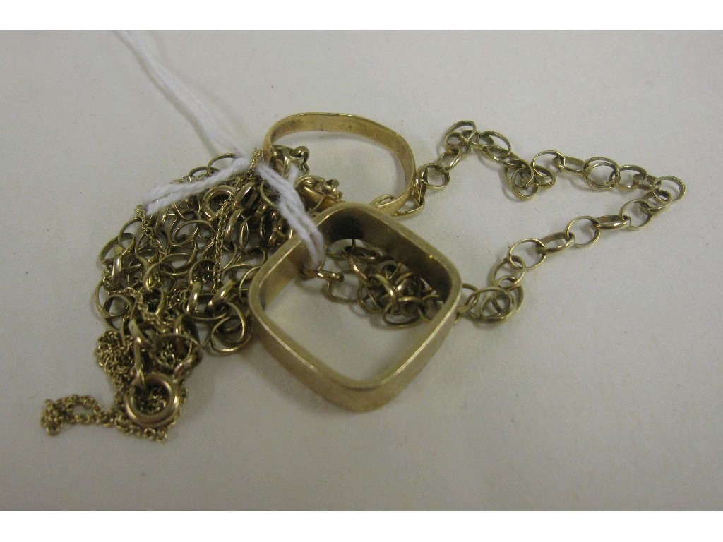 Appraisal: Lot comprising two gold rings and two ct gold neckchains