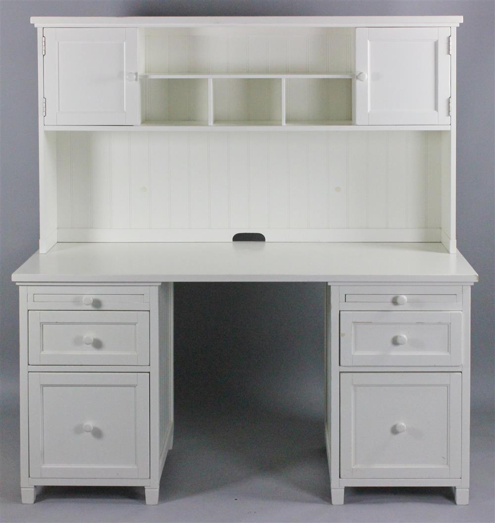 Appraisal: WHITE PAINTED KNEEHOLE DESK WITH TWO DRAWER UNITS AND HUTCH