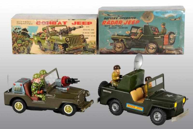 Appraisal: Lot of Tin Military Jeep Battery-Op Toys Description Japanese Working