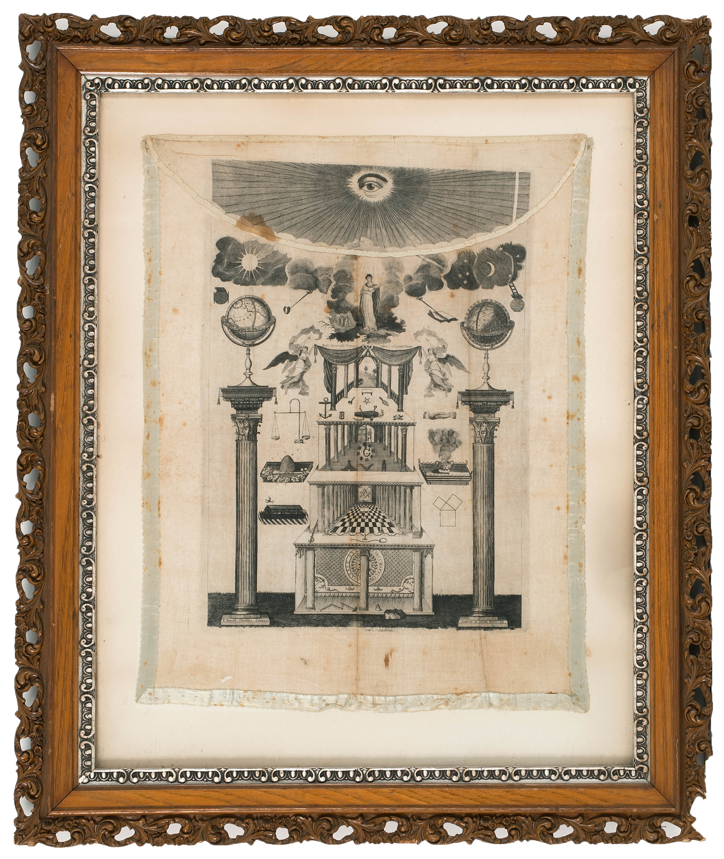 Appraisal: FRAMED MASONIC APRON Circa In white linen with pale blue