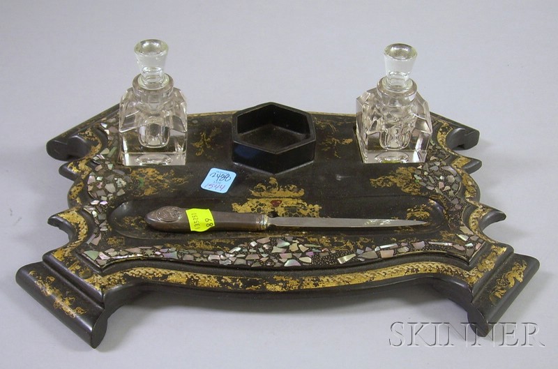 Appraisal: Victorian Gilt and Mother-of-pearl Inset Black Lacquer Papier-mache Standish with