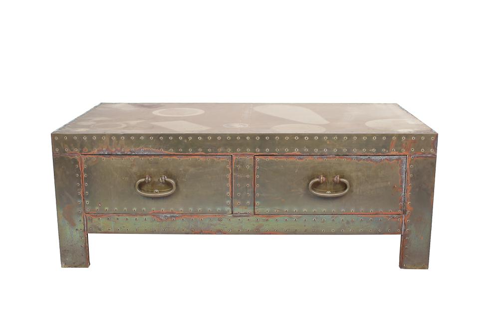 Appraisal: BRASS BOUND COFFEE TABLEwith two drawers Provenance The Estate of