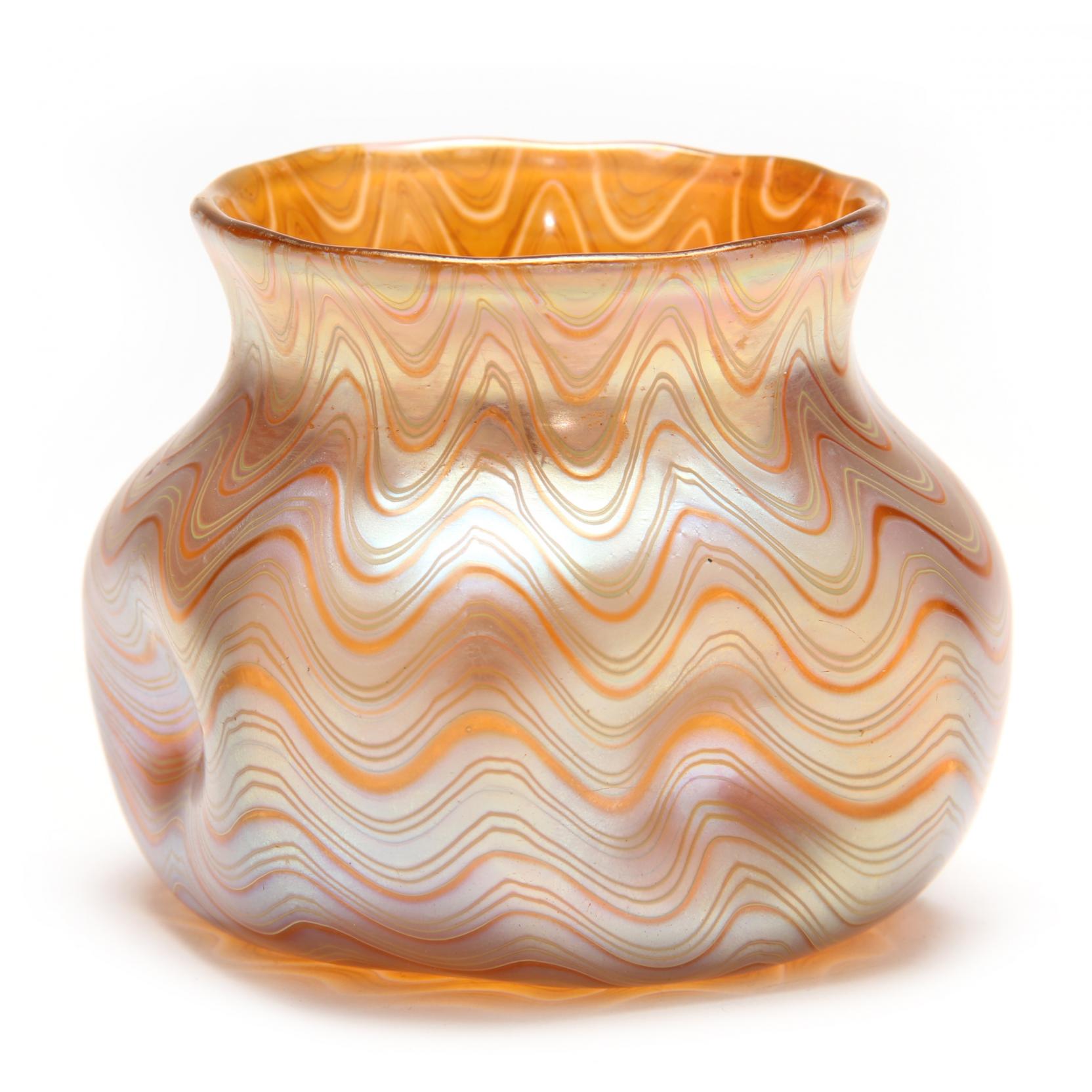 Appraisal: Loetz Aeolus Pinch Vase circa iridescent amber glass with silvered