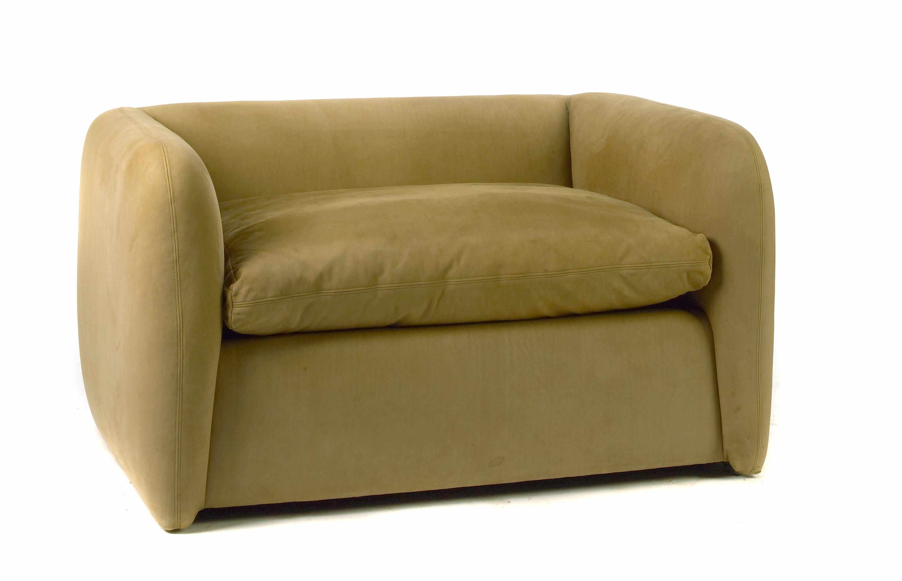 Appraisal: A contemporary tan suede upholstered love seat height in width