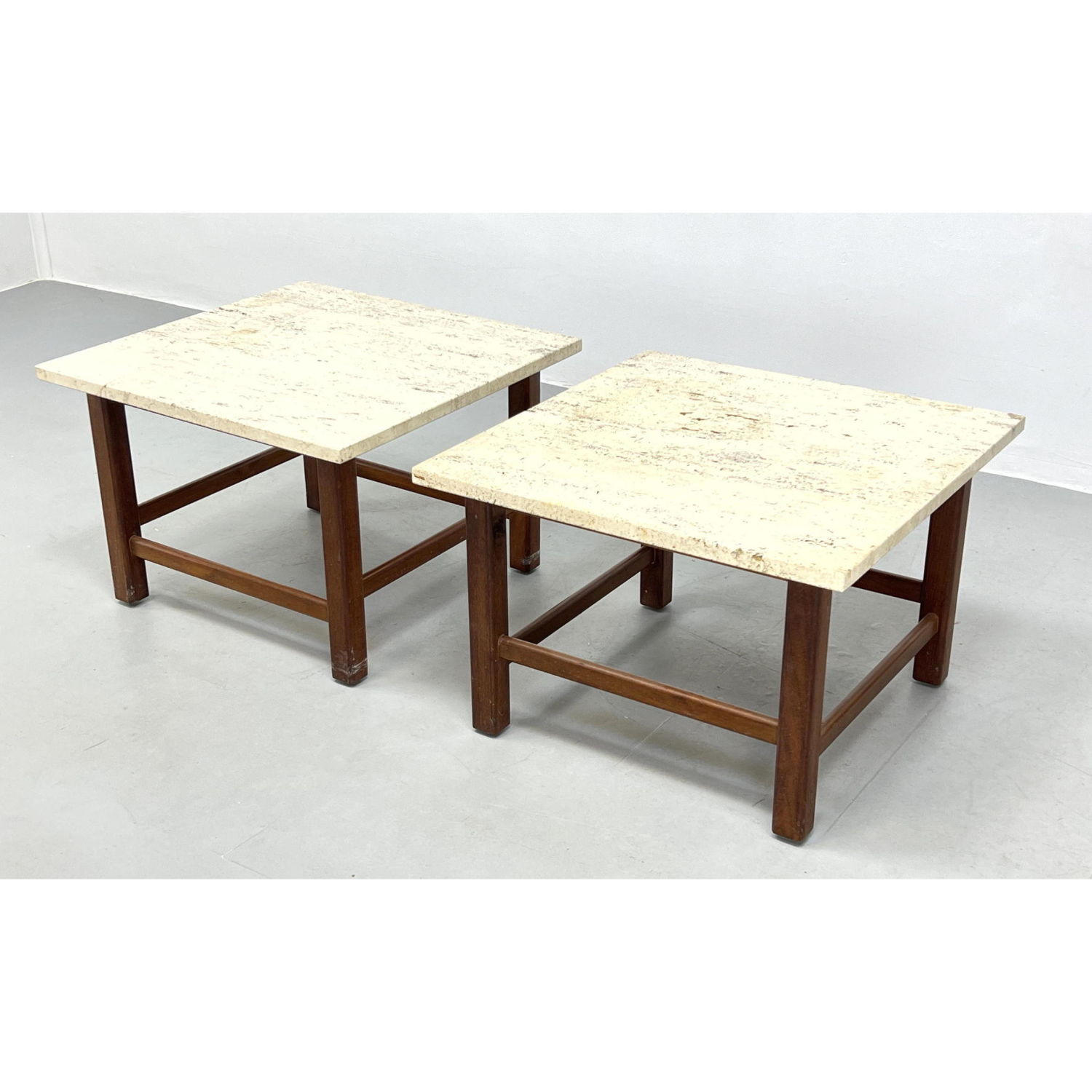 Appraisal: Pr American Modern Walnut and Travertine Marble Side Tables Dimensions