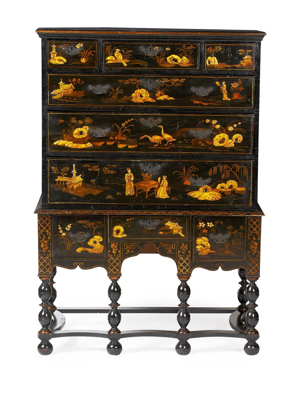 Appraisal: GEORGIAN BLACK JAPANNED CHEST ON STAND TH CENTURY the moulded