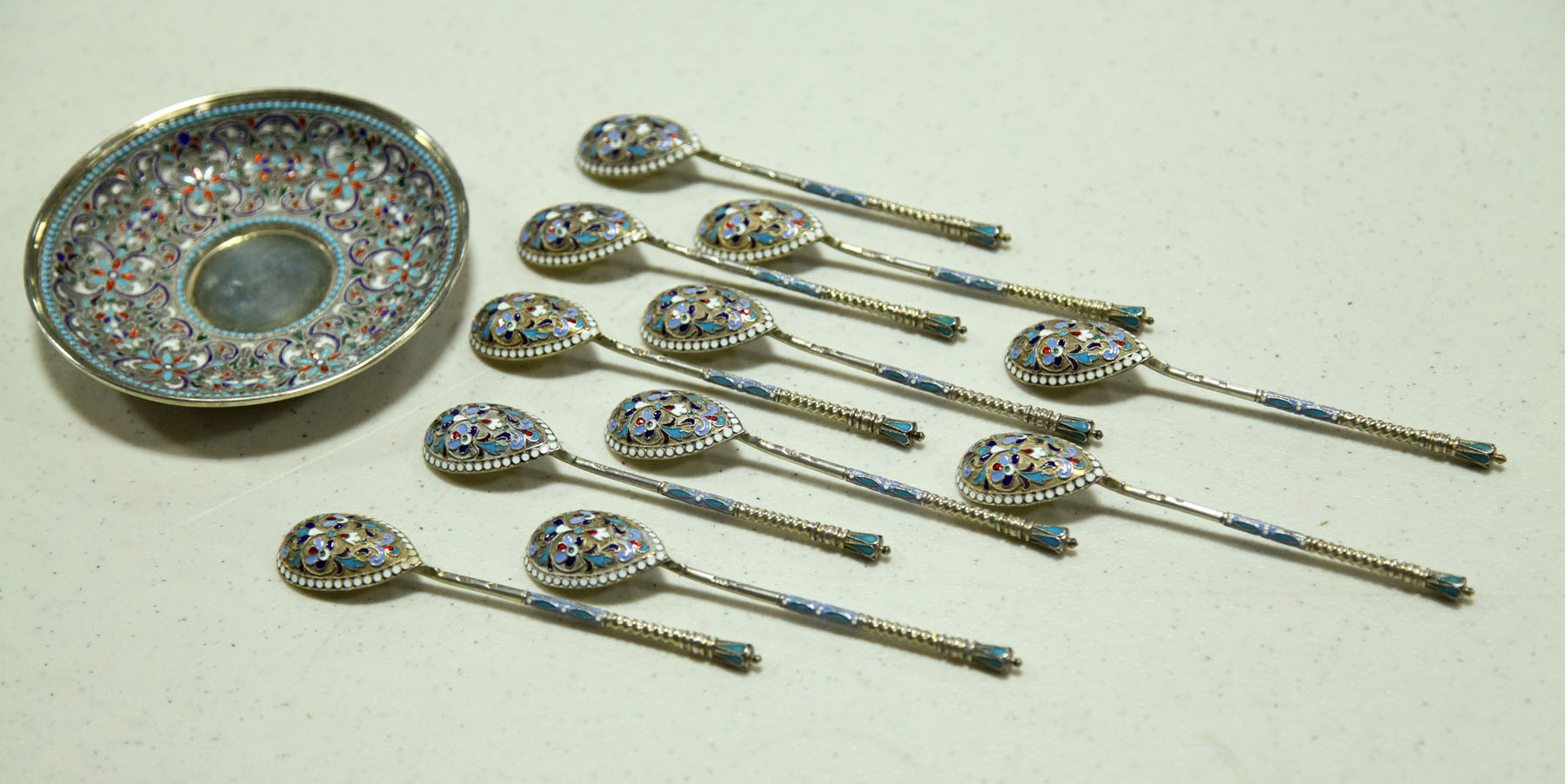 Appraisal: TWELVE PIECES OF RUSSIAN ENAMELED SILVER Russia th century Eleven