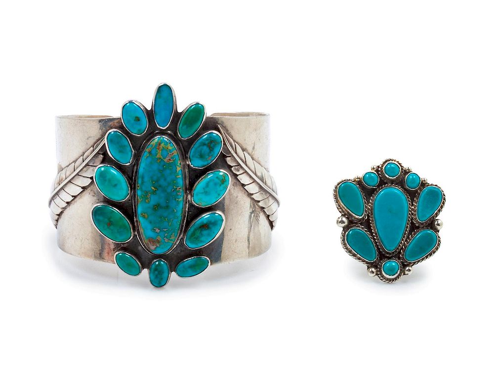 Appraisal: Large Silver and Turquoise Cuff with applied leaves together with