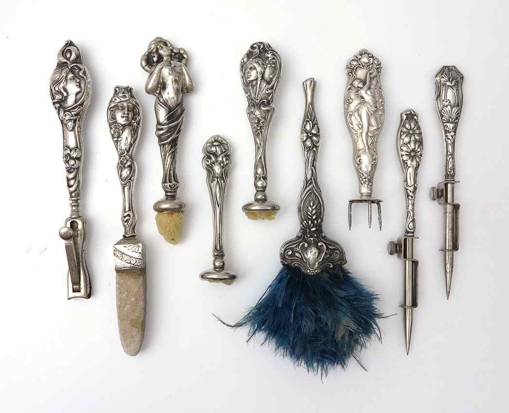 Appraisal: COLLECTION ART NOUVEAU STERLING ACCESSORIES pieces to include Floral sunflowers