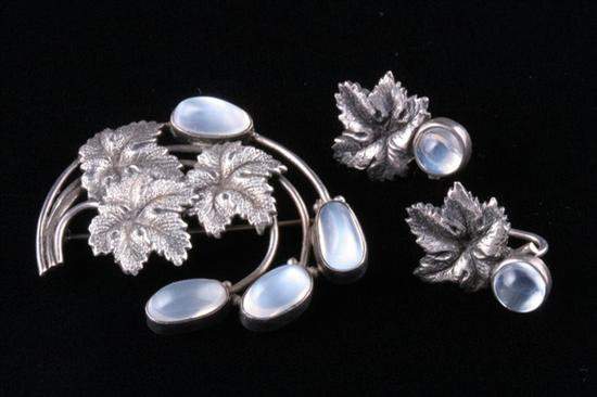 Appraisal: STERLING SILVER AND MOONSTONE LEAF MOTIF BROOCH AND MATCHING EARRINGS