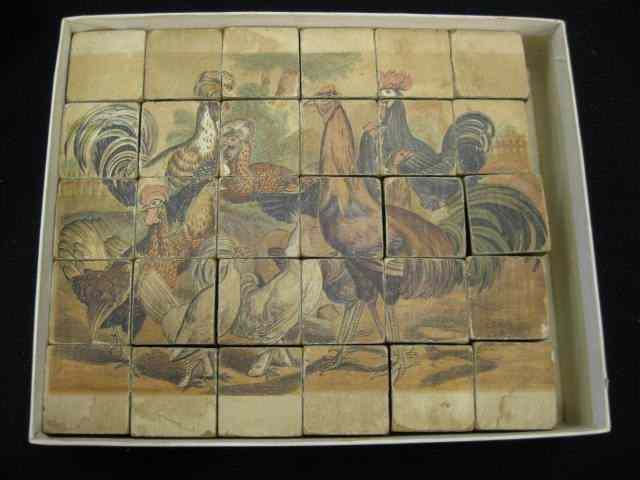 Appraisal: Antique Wooden Block Set paper lithographs of chickens etc approx