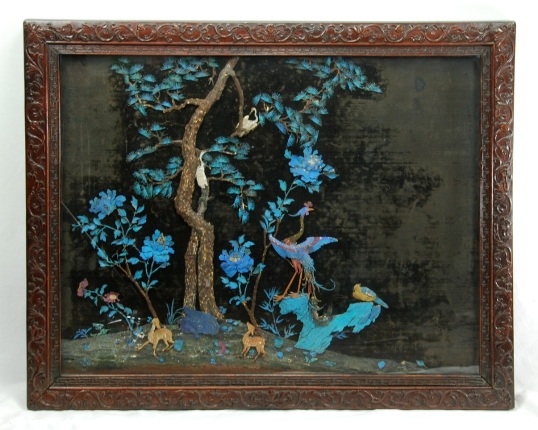 Appraisal: Vivid feather-work depicting phoenix bird two deer two cranes and