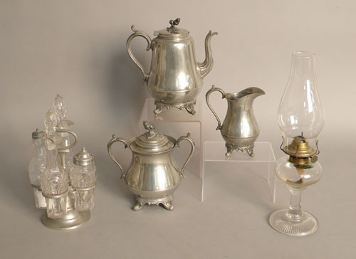 Appraisal: Boardman three piece pewter tea service together with a cruet