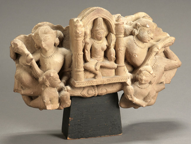 Appraisal: Central Indian Pink-Buff Sandstone Relief Stele of Enthroned Vishnu with