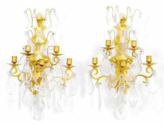 Appraisal: Pair French bronze and crystal five-light sconces circa urn-shaped mounts