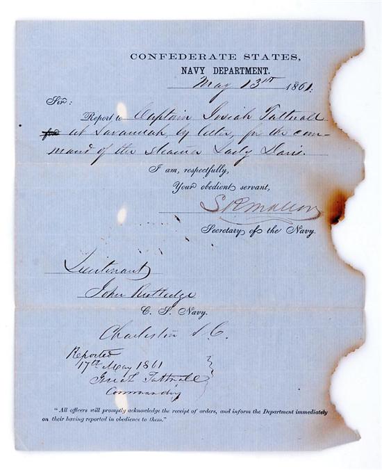 Appraisal: Document Lt John Rutledge Naval order dated May signed by