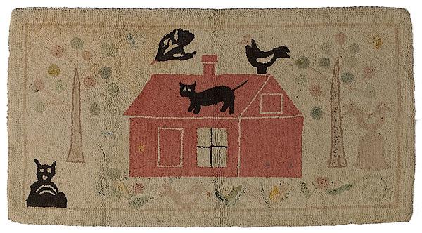 Appraisal: PICTORIAL HOOKED RUG OF HOUSE CATS AND BIRDS American early