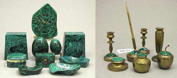 Appraisal: An assembled grouping of fourteen malachite table articles Including table