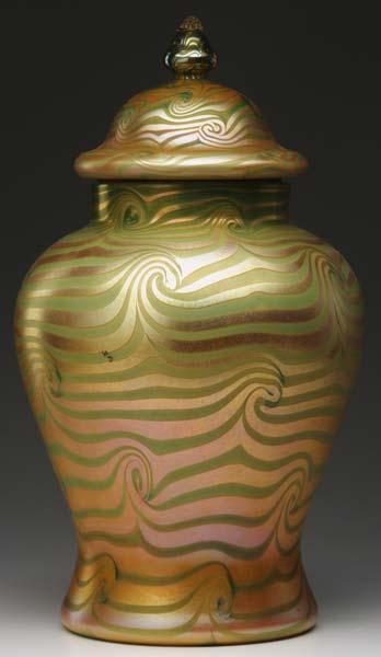 Appraisal: DURAND Important lidded temple jar with gold iridescent King Tut