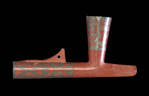 Appraisal: A Plains inlaid catlinite pipe Ornate lead panels decorating half