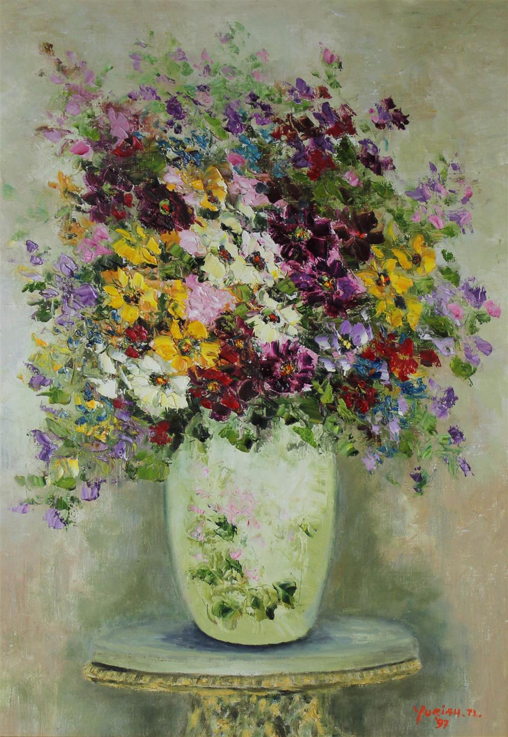 Appraisal: YURIAH TANZIL INDONESIAN - VASE OF FLOWERS Oil on canvas