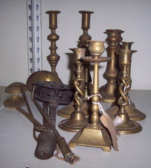 Appraisal: A pair of brass candlesticks with spiral columns sundry brass