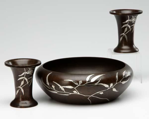 Appraisal: HEINTZ Sterling-on-Bronze bowl and two bud vases with silver leaf