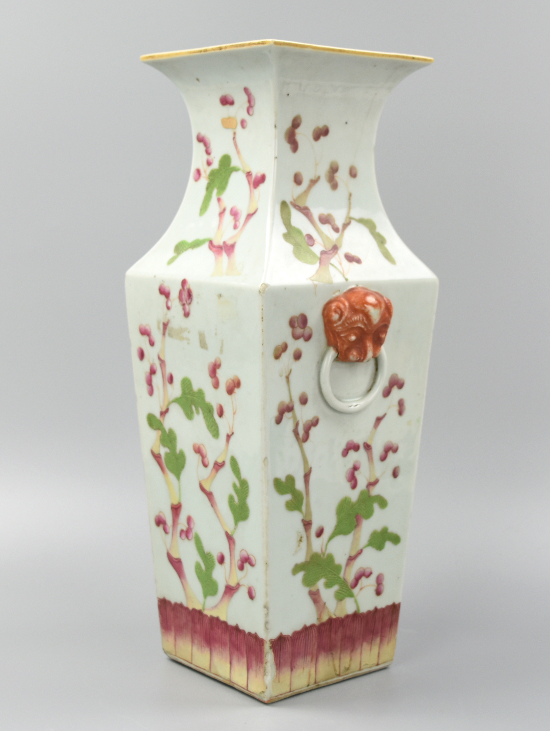 Appraisal: CHINESE FAMILLE ROSE SQUARED VASE TH C Chinese famille rose