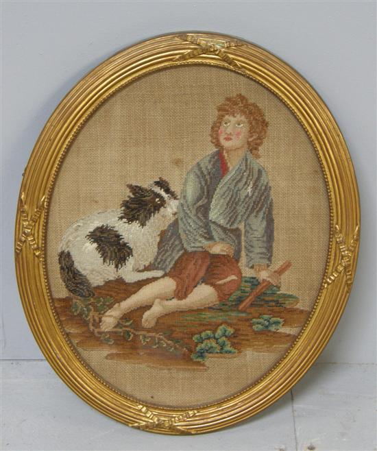 Appraisal: th century needlework oval panel boy with dog h w