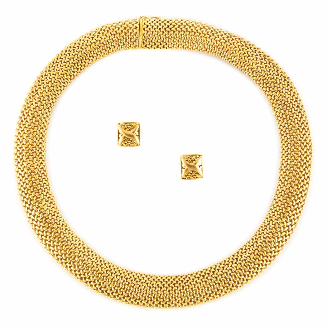 Appraisal: Wide Gold Woven Necklace and Pair of Gold Earrings kt