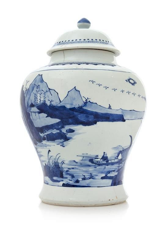 Appraisal: A Blue and White Porcelain Covered Jar Jiangjunguan Height inches