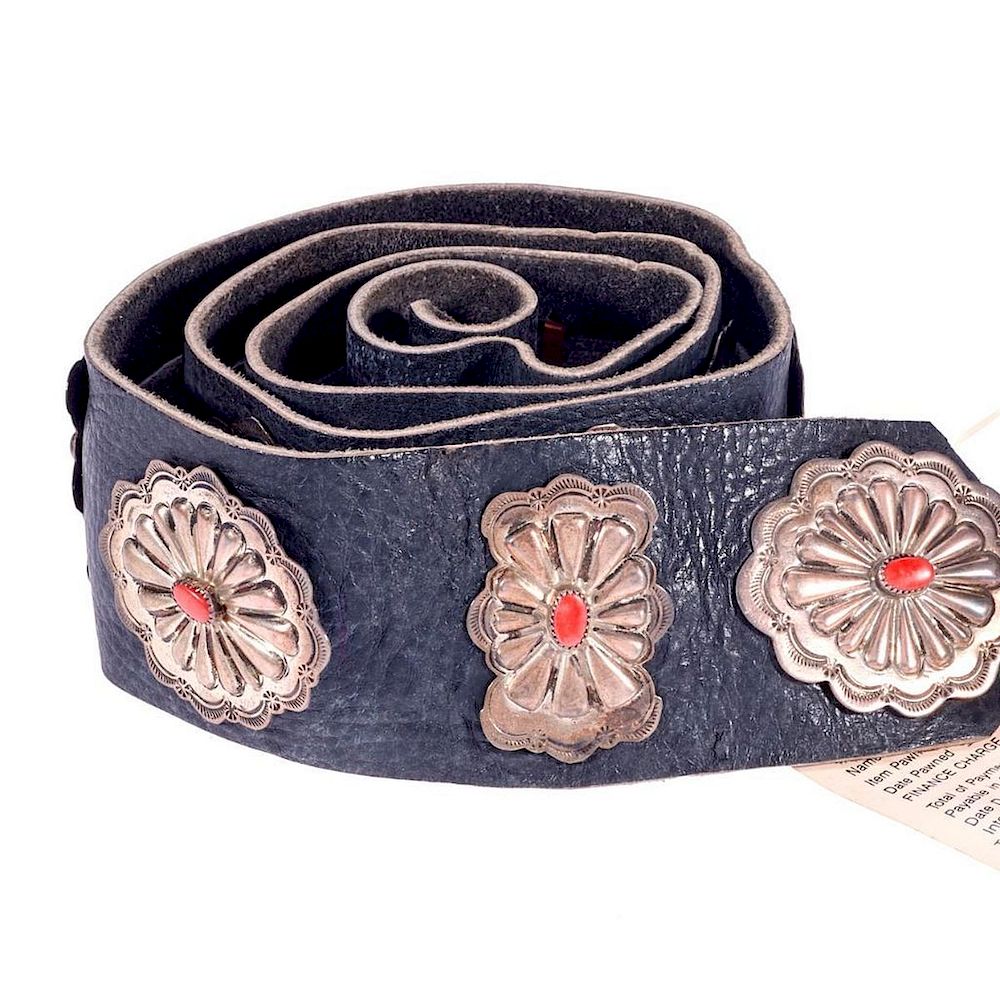 Appraisal: Old Pawn Concho Belt Old Pawn Navajo concho coral silver