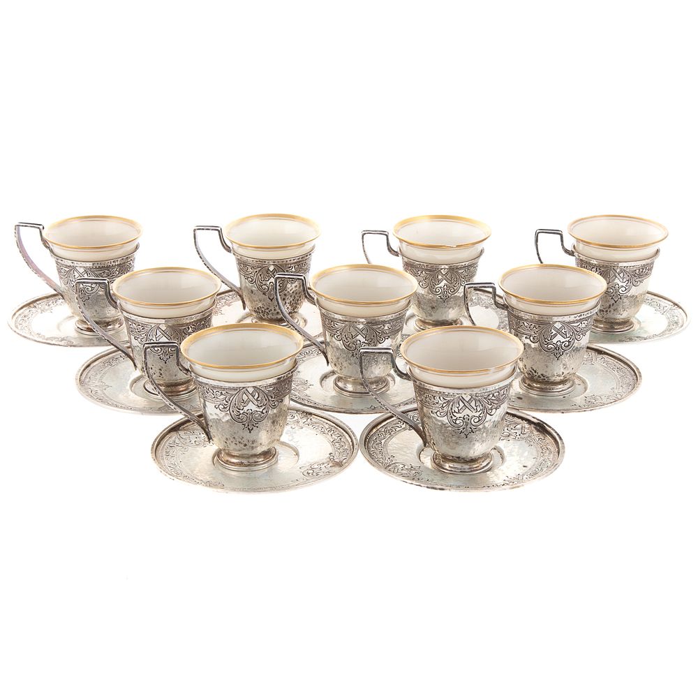 Appraisal: Nine Sterling Demitasse Cups Undertrays retailed S N Katz Baltimore