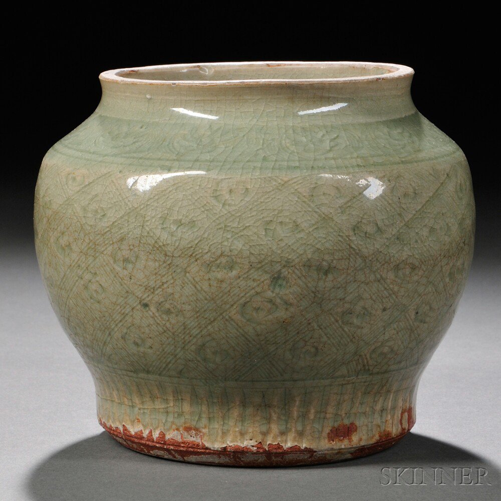 Appraisal: Celadon Jar China Ming Dynasty or later decorated with incised