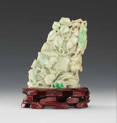 Appraisal: A Jadeite Pea Pod Carving with Birds Carved jadeite ornament