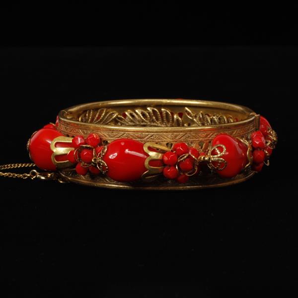 Appraisal: Miriam Haskell Gold Tone Filigree Bangle Bracelet with Red Coral