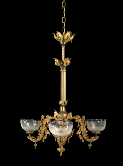 Appraisal: American Rococo Revival Gilt-Lacquered and Polished Brass Three-Arm Gasolier third