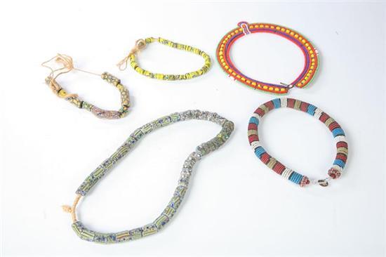 Appraisal: FIVE NECKLACES African th century Two beaded necklaces and three