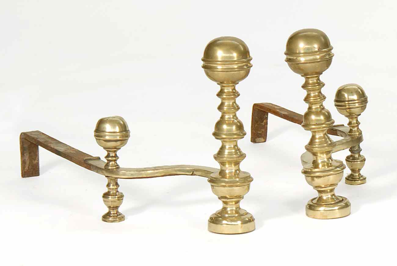 Appraisal: PAIR OF CLASSICAL BRASS CANNONBALL-TOP ANDIRONS Circa Attributed to the