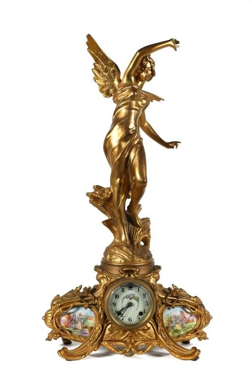 Appraisal: Large gilt figural winged fairy or nymph mantel clock Dial