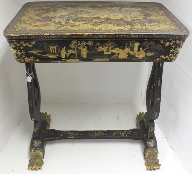 Appraisal: TH C CHINESE EXPORT SEWING STAND GILTDECORATED BLACK LACQUER ELABORATE