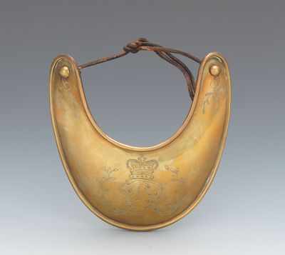 Appraisal: English Brass Gorget Leather backed brass gorget with stamped crown