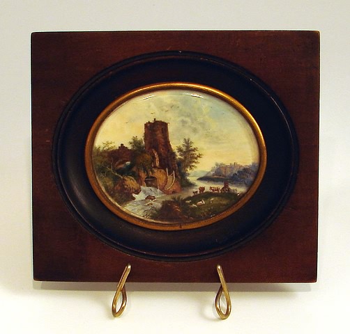 Appraisal: Oval landscape with mill rushing water figure and cattle and